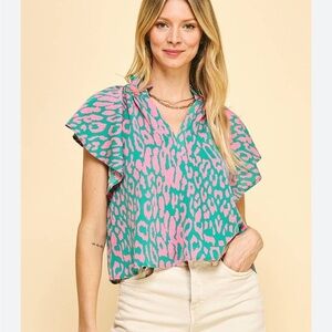Pinch V-Neck Pink and Green Blouse